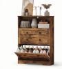 Rustic Brown Shoe Cabinet with 2 Flip Drawers Narrow Shoe Storage Organizer for Entryway Home Decor And Furniture