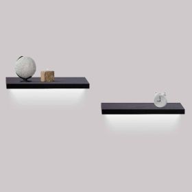 2-Piece Floating Wall Shelves w/LED Light, 18.11" Wood Wall Mounted Shelves for Bedroom, Bathroom, Living Room, Kitchen, Storage Shelf for Books