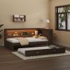 Full Size Wood Daybed with Storage Shelves, USB, LED, and Trundle, Antique Wood Color