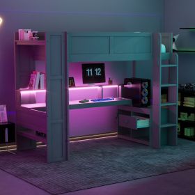 Wood Twin Size Gaming Loft Bed with Desk, Multi-storage Shelves, LED and Charging Station, Dark Gray