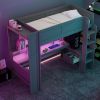 Wood Twin Size Gaming Loft Bed with Desk, Multi-storage Shelves, LED and Charging Station, Dark Gray
