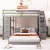 Twin Over Full Bunk Bed with 3-layer Shelves, Drawers and Storage Stairs, Gray
