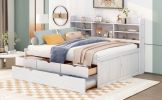 Full Size Wooden Captain Bed with Built-in Bookshelves,Three Storage Drawers and Trundle,White Wash