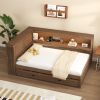 Full Size Wood Daybed with Storage Shelves, USB, LED, and Trundle, Antique Wood Color