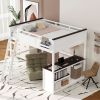 Queen Size Loft Bed with Desk,Open Shelf and a Storage Box,USB Charging Station,White