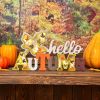 Hello Autumn Lighted Wooden Table Sign, 3D Fall Table Decor with Maple Leaf Cutouts, Rustic Thanksgiving Decorations for Home Office