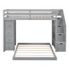 Twin Over Full Bunk Bed with 3-layer Shelves, Drawers and Storage Stairs, Gray