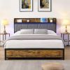 Queen Size Bed Frame, Storage Headboard with Charging Station and 4 Storage Drawers,LED Lights , Brown and Gray
