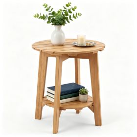 2-Tier Eucalyptus Wood Patio Side Table, Rustic Slatted Outdoor End Table with Bottom Storage Shelf (title: default title)