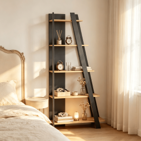 Modern 5-Tier Bookshelf Narrow Vertical Display Shelf for Small Space Saving Design with Open Shelves (Color: Gray + Natural)