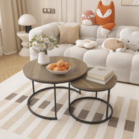 Nesting Coffee Table Set of 2, 27.6inch Round Coffee Table Industrial Wood Finish with Sturdy Metal Frame (Color: brown, Material: Wood+Metal)