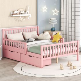 Full Size Wood Platform Bed with Guardrails on Both Sides and Two Storage Drawers (Color: Pink)