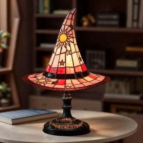 Handmade Gothic Witch Hat Night Light –Witch Hat Lamp Stained Glass LED Lamp, Spooky Halloween Decor, Indoor & Outdoor Witchcraft Gift (Color: Red)