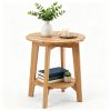 2-Tier Eucalyptus Wood Patio Side Table, Rustic Slatted Outdoor End Table with Bottom Storage Shelf